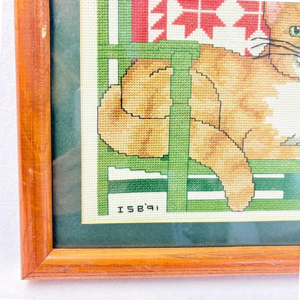 Vintage‎ 1991 Handmade Orange Tabby Cat Needlepoint Framed Wall Art 12x12